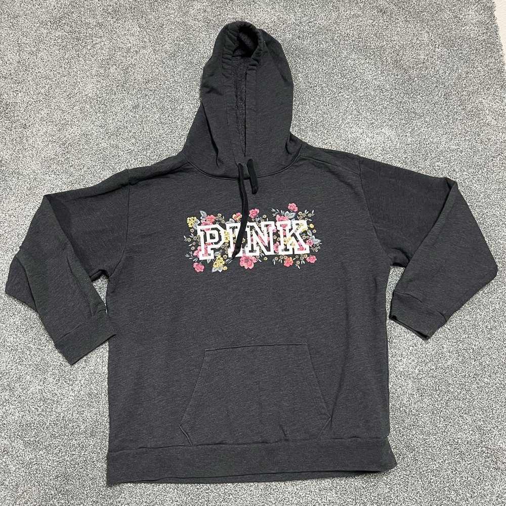 Victoria Secret PINK Womens XL Floral Logo Pullover Hoodie Gray